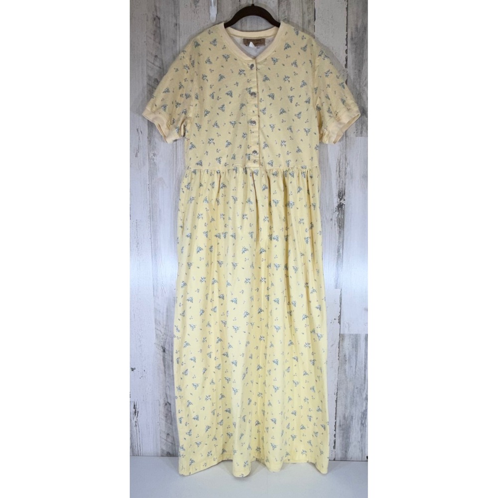 Studio Ease Maxi Dress Large Yellow Floral Cotton Cottagecore Vintage USA READ